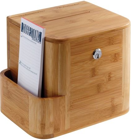 Safco 4237NA Bamboo Suggestion Box, Natural, Clear acrylic display that allows you to customize your message and a side compartment area to store pens and Suggestion Cards (25 cards included), Keyed Alike, 2 Keys Included, Included Mounting Hardware, Bamboo Material, Display Area 8 1/2