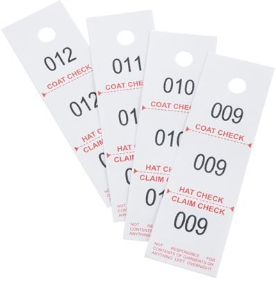 Safco 4249NC Three-Part Coat Room Checks; Contains 500 checks numbered 1 to 500 with disclaimer clause and punched hole for hanger; Three sections: coat check, hat check and claim check; GREENGUARD; Dimensions 1 1/2