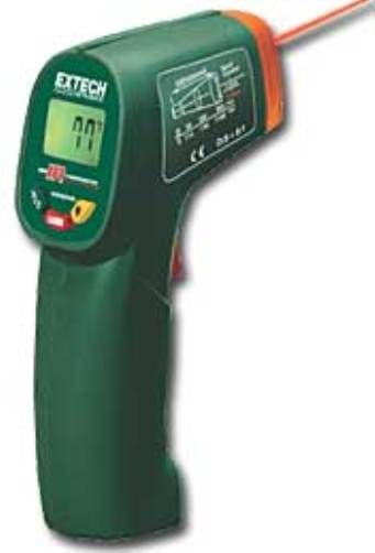 Extech 42500 Digital Mini IR Thermometer, Temperature Measuring Range:-4 to 500 F, -20 to 260 C, Compact, Built-in laser pointer identifies target area, Backlighting illuminates display for taking measurements at night or in areas with low background light levels, Automatic Data Hold when trigger released, Fixed 0.95 emissivity covers 90% of surface applications, Auto power off, UPC 793950425008 (42-500 425-00)
