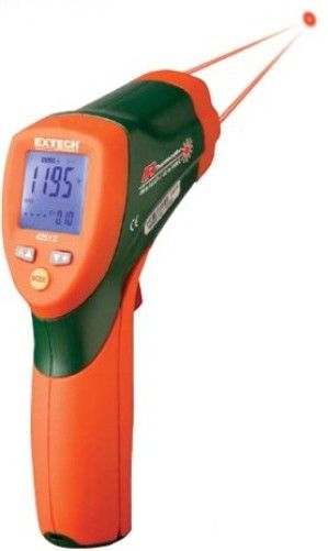 Extech 42512-NIST Dual Laser InfraRed Thermometer 30 in. Distance with NIST Certificate; Dual laser for accurate target; White backlit dual LCD display; Fast 0.15 second response time with Max display; Adjustable emissivity increases measurement accuracy for different surface; Adjustable High/Low set points with audible alarm alerts user when temperature exceeds the programmed set points; UPC: 793950455128 (EXTECH42512NIST EXTECH 42512 NIST THERMOMETER)