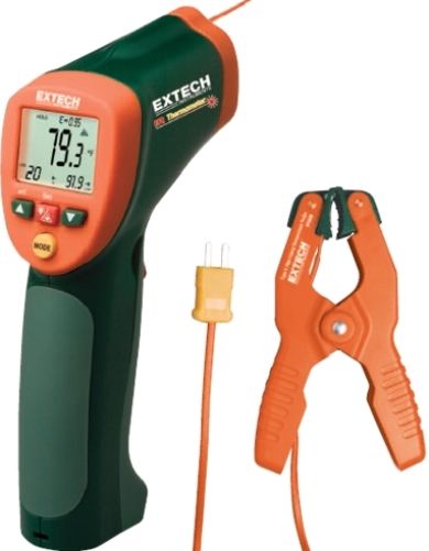 Extech 42515-T-NIST IR Thermometer with Type K Clamp Probe Kit and NIST Certificate, Automatic Emissivity Adjustment (For Temperatures 212F or Higher), Memory Stores up to 20 Readings, Large LCD Display with Bright Backlight, Laser Pointer provides better aim and accuracy, Adjustable high/low visual and audible alarm (42515TNIST 42515T-NIST 42515-TNIST 42515-T NIST 42515)