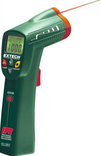 Extech 42530 Wide Range InfraRed Thermometer, Wide range temperature measurements from -54F to 1000F without contact, Large LCD display with backlighting, Built-in laser pointer to improve aim, F/C switchable with 0.1 resolution to 199.9, Fixed emissivity (0.95) covers 90% of surface applications, UPC 793950425305 (42-530 425-30)