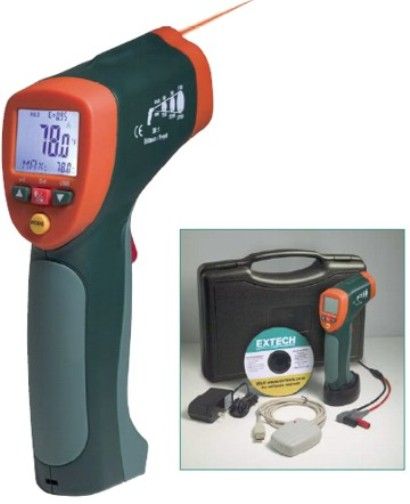 Extech 42560 IR Thermometer with Wireless Interface, Wide range (-58 to 1922F / -50 to 1050C) non-contact IR thermometer, High 30:1 distance to target ratio, Manual or Automatic emissivity using type K probe for accurate measurements on different surfaces, UPC 793950425602 (42-560 425-60)