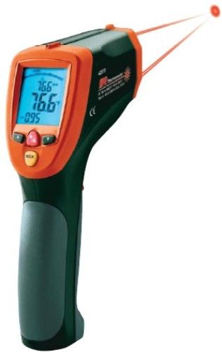 Extech 42570 Dual Laser InfraRed Thermometer; High 50:1 distance to target ratio measures smaller surface areas at greater distances; Dual Laser Targeting indicates ideal measuring distance when two laser points converge to 1 in. target spot; Type K thermocouple input from -58 to 2498 Degrees Fahrenheit (-50 to 1370 Degrees Celsius); Lock function for continuous readings; UPC: 793950425701 (EXTECH42570 EXTECH 42570 INFRARED THERMOTER)