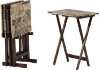 Linon 43001TILSET-01-AS Tray Table Set in Brown with Faux Marble, Rubberwood, faux marble paper, MDF, Brown Faux Marble, Seat includes Tray Tables and Storage Stand, Easy to move from one room to another with the handle on top, A home furnishing staple, Versatile design, 250 Lbs Weight Limit, 18.88" W X 15.75" D X 26.38" H, UPC 753793884370 (43001TILSET01AS 43001TILSET-01-AS 43001TILSET 01 AS) 