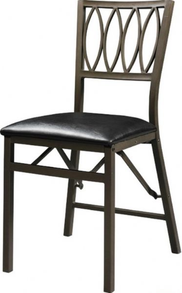 Linon 43060MTL-02-AS-U Arista Ovals Folding Chair, Powder coated, Sturdy, solid metal frame, Dark Brown Metal Finish, Black Leatherette Upholstered Seat, Decorative oval back, 401 lbs Weight Limit, 17.91