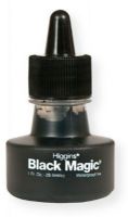 Higgins 44011 Black Magic Waterproof Ink; Intense, super opaque semi flat black ink for technical pen, lettering pen, brush or airbrush; Use on paper board, polyester drafting film, vellum, prepared acetate, and automatic drafting machines; Reproduces with even line tone and contrast; UPC 070530440119 (SN44011 44011 INK-44011 WATERPROOF-44011 HIGGINS44011 HIGGINS-44011) 