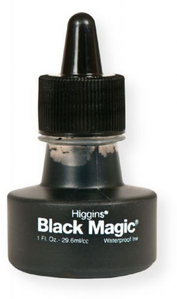 Higgins 44011 Black Magic Waterproof Ink; Intense, super opaque semi flat black ink for technical pen, lettering pen, brush or airbrush; Use on paper board, polyester drafting film, vellum, prepared acetate, and automatic drafting machines; Reproduces with even line tone and contrast; UPC 070530440119 (SN44011 44011 INK-44011 WATERPROOF-44011 HIGGINS44011 HIGGINS-44011)