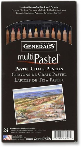 General's 4401-24A MultiPastel, Pastel Pencil, 24-Color Set; Comes in assorted colors; Genuine incense cedar wood barrel; Extra smooth and blendable; Acid and oil free; Archival quality; Pre-sharpened pencils; With extra soft vinyl eraser; UPC 044974400244 (GENERALS440124A GENERALS 440124A 4401 24A 4401-24A G4401-24A)