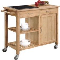 Linon 44015BMB-01-KD-U - Bamboo Kitchen Cart with Inlaid Granite Top, Elegant natural wood finish, Eco-friendly bamboo frame construction, Gorgeous inlaid granite top, Large utensil drawer with towel-rack handle, Wire basket for easy access to frequently used items, Slatted shelf holds up to four wine bottles, Solid shelf for additional storage, Heavy-duty casters for easy mobility, UPC 753793814148 (44015BMB 01 KD U 44015BMB01KDU) 