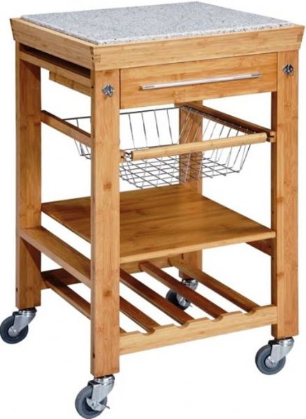 Linon 44031BMB-01-KD-U Bamboo Granite Top Kitchen Cart, Natural finish work island featuring an elegant granite top inlay, Two towel hooks and a slide out wire storage basket, One fixed shelf and a 4 bottle wine storage rack, 22