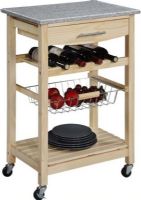 Linon 44037NAT-01-KD-U Kitchen Cart with Granite Top in Natural, Elegant natural wood finish, Solid pine frame construction, Gorgeous grey and white granite top, Large utensil drawer, Wine rack accomodates 4 bottles, Wire basket perfect for frequently used items, Slatted open shelf, Casters for easy mobility, UPC 753793814131 (44037NAT 01 KD U 44037NAT01KDU) 