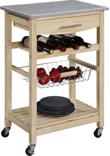 Linon 44037NAT-01-KD-U Kitchen Cart with Granite Top in Natural, Elegant natural wood finish, Solid pine frame construction, Gorgeous grey and white granite top, Large utensil drawer, Wine rack accomodates 4 bottles, Wire basket perfect for frequently used items, Slatted open shelf, Casters for easy mobility, UPC 753793814131 (44037NAT 01 KD U 44037NAT01KDU)