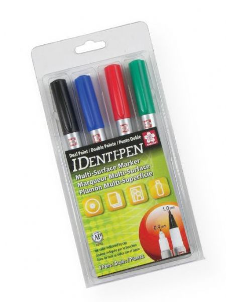 IDenti-Pen 44161 Identi-Pens 4-Pack; Marks on almost any surface; Built for heavy use with two permanent sharp point markers in one; Fine point on one end, extra fine on the other; Use on non-porous surfaces such as sports equipment, metal, glass, fabric, plastic, wood, as well as paper products; AP non-toxic approved; Set includes markers in 4 colors: Black, Red, Blue, Green; Colors subject to change; UPC 053482441618 (IDENTIPEN44161 IDENTIPEN-44161 IDENTIPEN/44161 TOOLS)