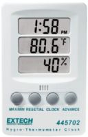 Extech 445702 Hygro-Thermometer Clock, Combines 3 displays for Time, Temperature, and Humidity, 12/24 hour Clock with alarm function, Max/Min memory with reset for Temperature and Humidity, Humidity 10 to 85%, Temp 14 to 140°F or -10 to 60°C, Accuracy +/-6%RH, +/-1.8°F, +/-1°C, Three LCD displays of Time, UPC 793950445723 (445-702 445 702) 