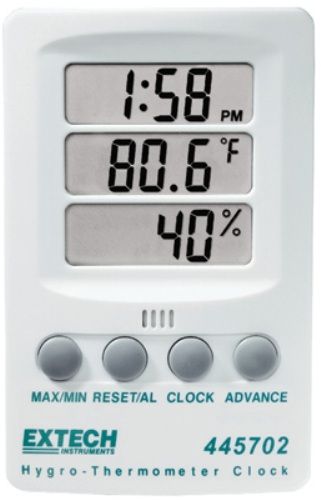 Extech 445702 Hygro-Thermometer Clock, Combines 3 displays for Time, Temperature, and Humidity, 12/24 hour Clock with alarm function, Max/Min memory with reset for Temperature and Humidity, Humidity 10 to 85%, Temp 14 to 140F or -10 to 60C, Accuracy +/-6%RH, +/-1.8F, +/-1C, Three LCD displays of Time, UPC 793950445723 (445-702 445 702)