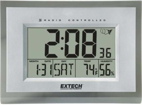 Extech 445706 Hygro-Thermometer Alarm Clock, Desktop or Wall-mount Alarm Clock with 5 languages, Large digit display clock 9x12 Inches, Audible alarm clock with snooze function (recommended use only for desk top mount), Calendar displays day, date and month, UPC 793950445761 (445-706 445 706)