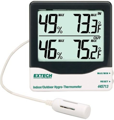 Extech 445713 Digital Indoor and Outdoor Hygro Thermometer, Displays Indoor/Outdoor Temperature and Humidity Simultaneously, Max/Min with Reset function, Humidity 10 to 99% RH, Temperature 14 to 140F or -10 to 60C, Accuracy +/-5%RH; +/-1.8F, +/-1C, Dim 4.3 x 3.9 x 0.78 in - 109x99x20mm, UPC 793950457139 (445-713 445 713)
