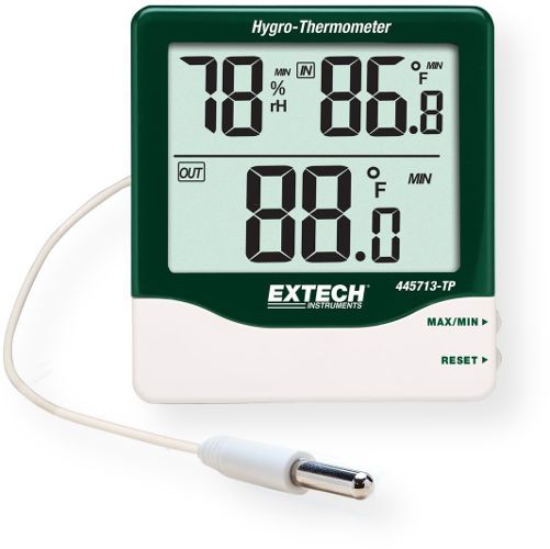 Extech 445713-TP Big Digit Indoor Outdoor Hygro Thermometer; External temperature probe -58 to 158 degrees Fahrenheit, -50 to 70 degrees Celsius; Internal temperature sensor 32 to 122 degrees Fahrenheit, 0 to 50 degrees Celsius; Internal humidity range 20 to 99 percent RH; Max Min with reset function; UPC 793950457146 (445713-TP 445713TP THERMOMETER-445713-TP EXTECH445713-TP EXTECH-445713-TP EXTECH-445713TP)