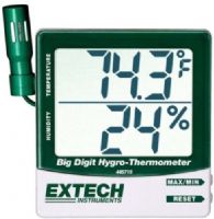 Extech 445715-NIST Big Digit Hygro-Thermometer, 14 to 140 degrees, with Remote Probe and NIST Calibration; Probe clips onto meter or extends on 18 in. cable; Simultaneous display of temperature and humidity; Degrees fahrenheit/Degrees celcius switchable temperature measurements; Maximum/Minimum with reset function; UPC: 793950467152 (EXTECH445715NIST EXTECH 445715-NIST HYGRO THERMOMETER) 