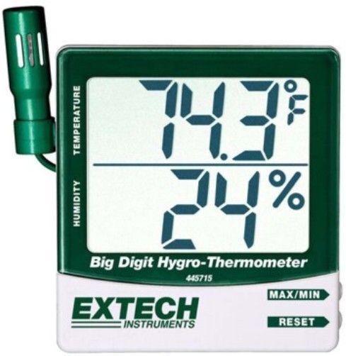 Extech 445715-NISTL Big Digit Remote Probe Hygro-Thermometer with Limited NIST Certificate, Single Point, Max/Min with reset function, Rear calibration adjustment pot, 10 to 99% RH Humidity, 14 to 140F (-10 to 60C) Temperature, 4%RH; 1C/1.8F Accuracy (445715NISTL 445715 NISTL 445-715 445 715)