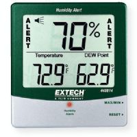 Extech 445814 Hygro Thermometer Humidity Alert with Dew Point; Percentage RH audible and visual alarm alerts when humidity exceeds set limit; Displays Dew Point temperature; Max Min with reset function; Humidity 10 to 99 percent RH; Temperature 14 to 140 degrees Fahrenheit, -10 to 60 degrees Celsius; UPC 793950458143 (445814 DEW-445814 HUMIDITY-445814 THERMOMETER-445814 EXTECH445814 EXTECH-445814) 