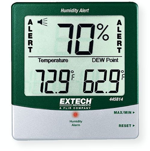 Extech 445814 Hygro Thermometer Humidity Alert with Dew Point; Percentage RH audible and visual alarm alerts when humidity exceeds set limit; Displays Dew Point temperature; Max Min with reset function; Humidity 10 to 99 percent RH; Temperature 14 to 140 degrees Fahrenheit, -10 to 60 degrees Celsius; UPC 793950458143 (445814 DEW-445814 HUMIDITY-445814 THERMOMETER-445814 EXTECH445814 EXTECH-445814)
