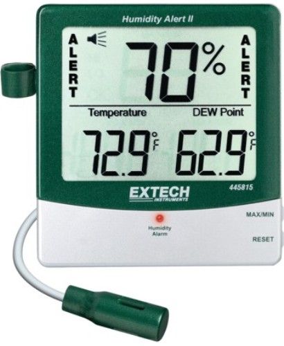 Extech 445815 Humidity Alert II Hygro-Thermometer with Dew Point, Large, easy-to-read triple LCD displays % Relative Humidity, Temperature and Dew Point, %RH audible and visual alarms, with adjustable set points, alert when humidity exceeds set limit, Probe clips onto meter or extends on 18