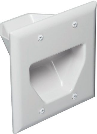 DataComm 45-0002-WH Two-Gang Recessed Low Voltage Wallplate, White; Allows cable management internally rather than externally; To install low voltage cables behind your flat panel TV, your amplifier or other audio/video devices; UPC 660559003565 (450002WH 450002-WH 45-0002WH 45-0002)
