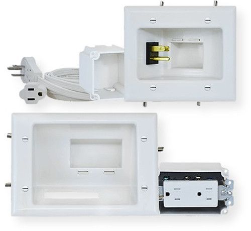 DataComm 45-0024-WH Recessed Pro-Power Kit with Duplex Receptacle and Straight Blade Inlet, White, 5A/125V tamper-resistant duplex receptacle, Flexible screen closes the interior opening of the mid-size plate and the straight blade inlet, Metal mounting wings are molded into the cable plate and fastened tightly against the back of the drywall, UPC 660559007952 (450024WH 450024-WH 45-0024WH 45-0024)