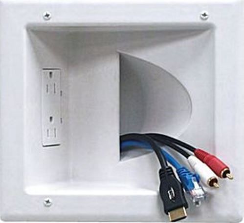 DataComm 45-0031-WH Recessed Low Voltage Media Plate with Duplex Receptacle, White; Low profile design fits behind the industrys thinnest mounts and TVs; Conceal multiple AV cables behind your HDTV; 15 Amp/125 Volt tamper resistant, duplex receptacle (UL Listed component); Old work box included; UPC 660559008416 (450031WH 450031-WH 45-0031WH 45-0031)