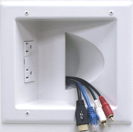 DataComm 45-0041-WH Recessed Low Voltage Media Plate with Duplex Surge Suppressor, White; 12000 amps Maximum surge current; 1000 volts Peak suppression voltage; Hot/Neutral, Hot/Ground, Neutral/Ground; 340 joules Total maximum surge dissipation; 15 Amp/125 Volt duplex surge receptacle with replaceable Surge Bloc; UPC 660559008423 (450041WH 450041-WH 45-0041WH 45-0041)