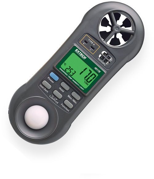 Extech 45170 Pocket Hygro-Thermo-Anemometer-Light Meter; Rugged 4-in-1 Environmental Meter; Ergonomic pocket size housing with large dual LCD simultaneous display of Temperature and Air Velocity or Relative Humidity; Characters on display reverse direction depending on Hygro-Thermo-Anemometer or Light Mode; UPC: 793950451700 (EXTECH45170 EXTECH 45170 HYGRO THERMO ANEMOMETER LIGHT METER)