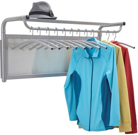Safco 4604GR Impromptu Coat Wall Rack with Hangers, Gray, Storage shelf for additional garments and includes 12 hangers, Sturdy steel frame with translucent polycarbonate panels, Included Mounting Hardware, Dimensions 40 1/4