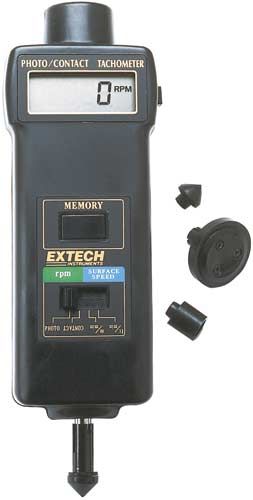 Extech 461895 Combination Contact/Photo Tachometer; Unique display where characters reverse direction depending on measurement mode you are in; Large 0.4 in. (5 digit) LCD display; Microprocessor based with quartz crystal oscillator to maintain high accuracy; Tachometer memory stores last, max and min readings; Provides wide RPM (photo and contact) and Linear Surface Speed (contact) measurements; UPC: 793950468951 (EXTECH461895 EXTECH 461895T TACHOMETER)