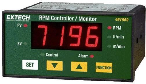 Extech 461960 RPM Controller/Monitor, Displays in RPM, m/min, and ft/min, Tactile keypad for easy programming, Hysteresis value setting for control and alarm functions, Roller diameter value setting for surface speed measurement, User settable pulse per rotation value, UPC 793950469606 (461-960 461 960)