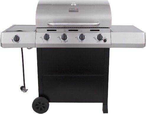 CharBroil 463436214 Classic 4 Burner Gas Grill with Side Burner, 1 Number of Handles, 2 Number of Legs, 4 Number Of Burners, 2 Number of Grates, 40000 BTUs Output, Steel Material, Stainless steel Hardware Material, Propane Fuel Type, Electronic ignition Ignition Type, Porcelain-coated cast iron Grate Material, Rectangular Grate Shape, Non Toxic, Side Burner, Nonstick, 45.5