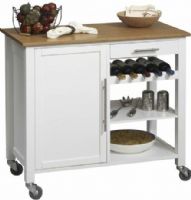 Linon 46411WHT-01-KD-U Bamboo Kitchen Island Cart with Wood Top, Graceful white finish, Eco-friendly bamboo and solid pine frame construction, Three shelves provide ample storage capacity, Top shelf slatted to hold up to 5 wine bottles, Door reveals open space perfect for waste basket / bulky item storage, Casters for easy mobility, UPC 753793461168 (46411WHT 01 KD U 46411WHT01KDU) 