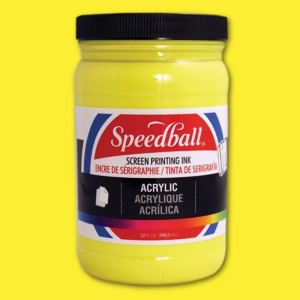 Speedball 46412 Acrylic Screen Printing Ink Process Yellow 32 oz; Brilliant colors for use on paper, wood, and cardboard; Cleans up easily with water; Non-flammable, contains no solvents; AP non-toxic, conforms to ASTM D-4236; Can be screen printed or painted on with a brush; Archival qualities; 32 oz; Process Yellow color; Dimensions 3.62
