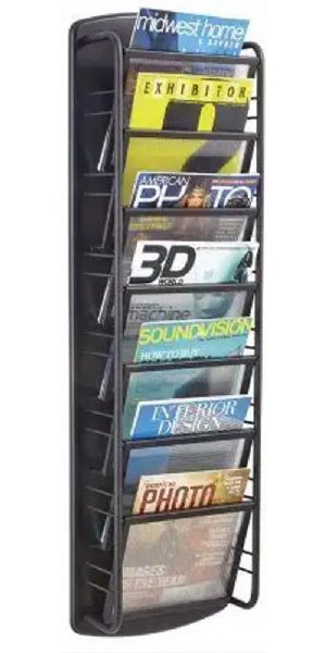 Safco 4643BL Impromptu 7 Pocket Magazine, Black; Heavy-duty steel; Powder coat finish; Seven pocket wall rack to display business forms, corporate literature, etc.; Includes wall mounting hardware; Dimensions 41.5