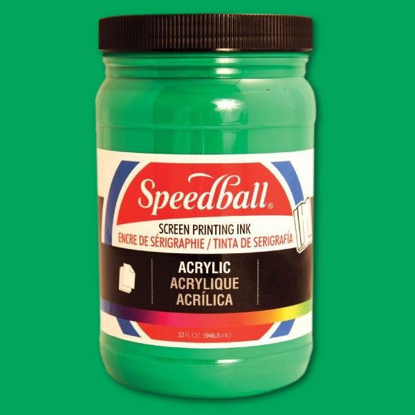 Speedball 4654 Acrylic Screen Printing Ink Emerald Green 32oz; Brilliant colors for use on paper, wood, and cardboard; Cleans up easily with water; Non-flammable, contains no solvents; AP non-toxic, conforms to ASTM D-4236; Can be screen printed or painted on with a brush; Archival qualities; 32 oz; Emerald Green color; Dimensions 3.62