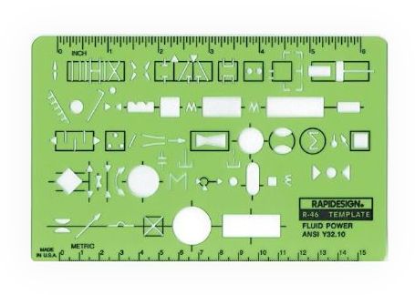 Rapidesign R46 Fluid Power Template, Contains symbols for fluid power diagrams derived from ANSI Y32.10, Shipping Dimensions 7.00 x 4.50 x 0.03 inches, Shipping Weight 0.06 lb, UPC 014173253620 (46R 46-R 46/R RAPIDESIGNR46 RAPIDESIGN-R46)