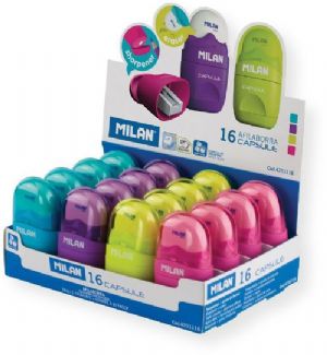 Milan 4701116 Capsule Sharpener Eraser Display; Combo item has a soft synthetic rubber eraser on one end; Carbon steel sharpener blade on the other; EAN 8411574023883 (4701116 4701116D 4701116-D MILAN4701116D MILAN4701116D MILAN-4701116D) 