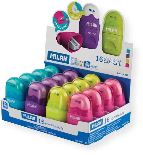 Milan 4701116 Capsule Sharpener Eraser Display; Combo item has a soft synthetic rubber eraser on one end; Carbon steel sharpener blade on the other; EAN 8411574023883 (4701116 4701116D 4701116-D MILAN4701116D MILAN4701116D MILAN-4701116D)