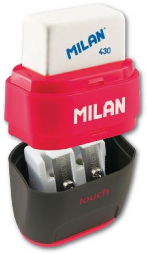 Milan 4706116D Compact Duo Sharpener/Eraser Display; Combo item has a soft synthetic rubber eraser on one end, Carbon steel sharpener blade on the other; Two-color barrel has a soft touch feel; Display of 16 pieces; Dimensions 4.25