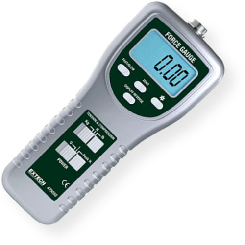 Extech 475055 High Capacity Force Gauge with PC Interface; Ranges 0.05 to 100kg; Basic accuracy of 0.5 percent; Tension or Compression, Peak hold and Zero functions; Positive/Reverse display for easy readability; Large LCD with back light feature; RS-232 PC interface; Optional software available (407001); Complete with tension and compression adaptors, six AA 1.5V batteries, and case; Dimensions: 8.5 x 3.5 x 1.8 in.; Weight: 5 pounds; UPC 793950470558 (EXTECH475055  EXTECH 475055  FORCE GAUGE)