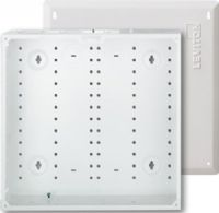 Leviton 47605-140 Structured Media Enclosure 14" and Flush Mount Cover, Empty, White; Accommodates two or more full-width Pre-Configured Structured Cabling Panels; Positive tabs on housing sidewalls prevent enclosure from falling through the studs during installation; Powder coated white cover features 3/4" overlap to hide irregular drywall cuts; UPC 078477113295 (47605140 47605 140) 