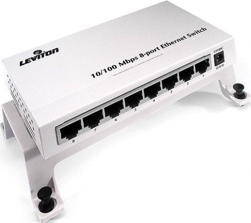 Leviton 47611-8PT Eight-Port 10/100Mbps Ethernet Switch; Networks devices in remote rooms, such as computers and printers; Includes LEDs to indicate Power, Link/Activity and 100Mbps; High-performance store-and-forward switching architecture with CRC and Runt Filtering; Cascades additional switches, hubs or routers from any port with auto-detect uplink design; UPC 078477093689 (476118PT 47611 8PT)