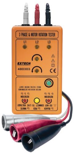 Extech 480303 Rotation Tester Motor Phase, Tests phase orientation of three phase power sources, Indicates phase orientation (clockwise or counter-clockwise) and whether each of three phases is live, Simple operation, No battery required, Complete with attached cables and three color coded large alligator clips (480-303 480 303)