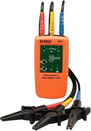 Extech 480403 Motor and Phase Rotation Indicator Tester, Indicates rotation direction of the motor, Determine rotation of a motor without contact, Ensures that motor does not get damaged from incorrect wiring, 40 to 600VAC rated test range for testing phase orientation of three phase power sources over 2 to 400Hz frequency range, UPC 793950484036 (480-403 480 403)